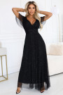  635-2 MELANIA long, shiny dress with a neckline and short sleeves - black 