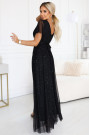  635-2 MELANIA long, shiny dress with a neckline and short sleeves - black 