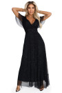  635-2 MELANIA long, shiny dress with a neckline and short sleeves - black 