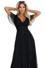  635-2 MELANIA long, shiny dress with a neckline and short sleeves - black 