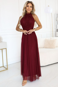  636-1 VERONICA luxurious long dress with a brocade accent and a chic shape - burgundy 