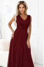  637-1 Long evening dress with a brocade accent and a deep neckline - burgundy 