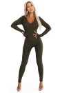  619-2 Comfortable and elegant ribbed women's jumpsuit with a neckline - khaki 