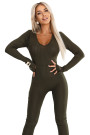  619-2 Comfortable and elegant ribbed women's jumpsuit with a neckline - khaki 