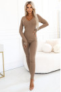  619-1 Comfortable and elegant ribbed women's jumpsuit with a neckline - mocha mousse 