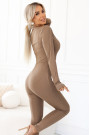  619-1 Comfortable and elegant ribbed women's jumpsuit with a neckline - mocha mousse 
