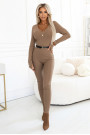  619-1 Comfortable and elegant ribbed women's jumpsuit with a neckline - mocha mousse 