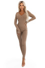  619-1 Comfortable and elegant ribbed women's jumpsuit with a neckline - mocha mousse 