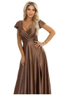 411-14 CRYSTAL satin long dress with a neckline - mocha mousse 