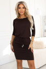  13-169 Sporty midi dress with pockets and a tie waist - chocolate brown 
