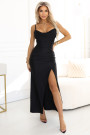  638-1 Long corset satin dress with leg slit - black 