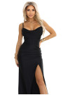  638-1 Long corset satin dress with leg slit - black 