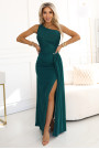  600-2 SELENA shimmering long one-shoulder dress with a slit - green with glitter 