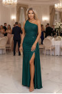  600-2 SELENA shimmering long one-shoulder dress with a slit - green with glitter 