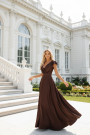  411-15 CRYSTAL satin long dress with a neckline - chocolate 