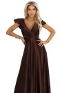 411-15 CRYSTAL satin long dress with a neckline - chocolate 
