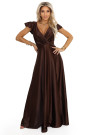  411-15 CRYSTAL satin long dress with a neckline - chocolate 