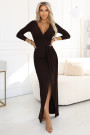  404-14 Elegant long dress with a wrap neckline and slit - chocolate brown 