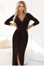  404-14 Elegant long dress with a wrap neckline and slit - chocolate brown 