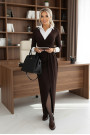  404-14 Elegant long dress with a wrap neckline and slit - chocolate brown 