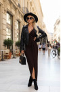 404-14 Elegant long dress with a wrap neckline and slit - chocolate brown 