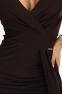  404-14 Elegant long dress with a wrap neckline and slit - chocolate brown 