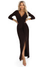  404-14 Elegant long dress with a wrap neckline and slit - chocolate brown 