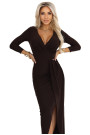  404-14 Elegant long dress with a wrap neckline and slit - chocolate brown 
