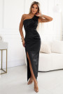  580-6 AURORA long satin one-shoulder dress with roses - black 