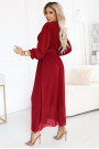  639-1 Elegant pleated maxi dress with a belt and a wrap neckline - burgundy 