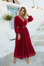  639-1 Elegant pleated maxi dress with a belt and a wrap neckline - burgundy 