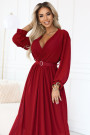  639-1 Elegant pleated maxi dress with a belt and a wrap neckline - burgundy 