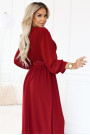  639-1 Elegant pleated maxi dress with a belt and a wrap neckline - burgundy 