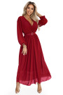  639-1 Elegant pleated maxi dress with a belt and a wrap neckline - burgundy 