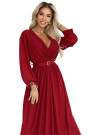  639-1 Elegant pleated maxi dress with a belt and a wrap neckline - burgundy 