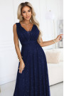  637-3 Long evening dress with a brocade accent and a deep neckline - navy blue 