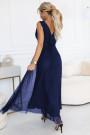  637-3 Long evening dress with a brocade accent and a deep neckline - navy blue 