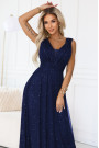  637-3 Long evening dress with a brocade accent and a deep neckline - navy blue 