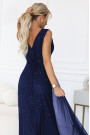  637-3 Long evening dress with a brocade accent and a deep neckline - navy blue 