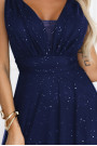 637-3 Long evening dress with a brocade accent and a deep neckline - navy blue 