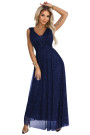  637-3 Long evening dress with a brocade accent and a deep neckline - navy blue 