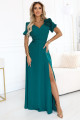  653-1 Elegant long dress with a rose, belt and high slit - bottle green 