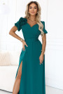  653-1 Elegant long dress with a rose, belt and high slit - bottle green 