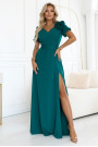  653-1 Elegant long dress with a rose, belt and high slit - bottle green 