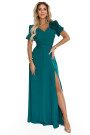  653-1 Elegant long dress with a rose, belt and high slit - bottle green 
