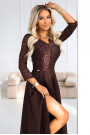  309-14 AMBER elegant long lace dress with a neckline - chocolate 