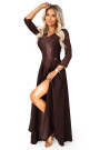  309-14 AMBER elegant long lace dress with a neckline - chocolate 