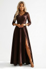  309-14 AMBER elegant long lace dress with a neckline - chocolate 