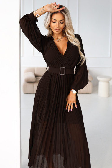  414-11 KLARA elegant pleated midi dress with a belt and neckline - chocolate 