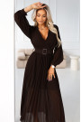  414-11 KLARA elegant pleated midi dress with a belt and neckline - chocolate 